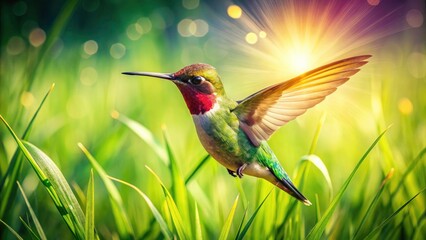 Obraz premium Hummingbird Summer Meadow: Vibrant Green Grass, Tiny Bird Photography