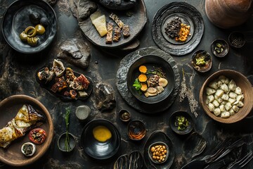 Fototapeta premium Bite-sized tapas and small plates arranged in a creative flat lay, diverse textures, vibrant tones, and cultural elements