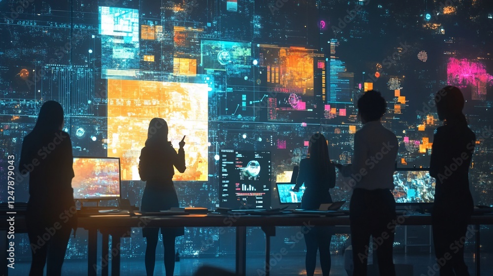 Poster team analyzing data visualization on large screen with silhouetted figures working together
