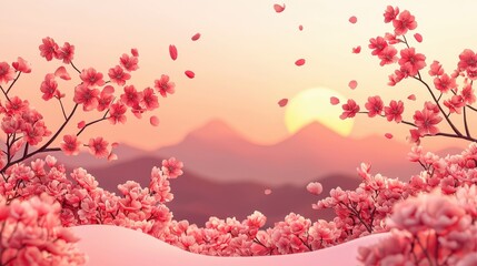 A serene landscape featuring blooming cherry blossoms against a sunset backdrop, creating a tranquil atmosphere with mountains in the distance.