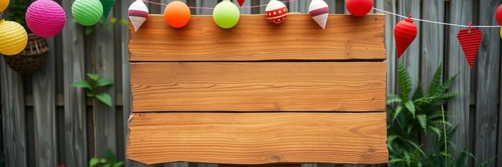 A colorful wooden sign with hand-painted letters spelling out "Outdoor Pizza Party Tonight" placed in a vibrant backyard setting, fun, wood, invitation