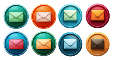 Colorful Envelopes on Circular Buttons for Digital Communication Icons, isolated on transparent background