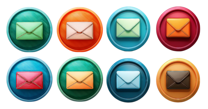 Colorful Envelopes on Circular Buttons for Digital Communication Icons, isolated on transparent background