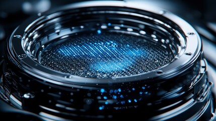 Futuristic tech, data stream, circular device, dark background, sci-fi concept