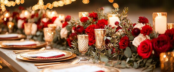 Romantic outdoor wedding reception, red roses, gold tableware, candlelight