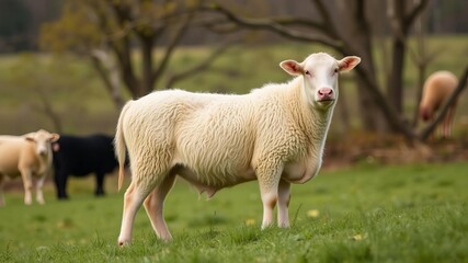 Fototapeta premium Aerial view of high tech herding AI drones monitoring the health of a flock of sheep, animal health, rural landscape, livestock