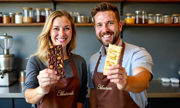 A cheerful man and woman stand proudly in a modern chocolate workshop, holding their freshly made chocolate bars. 