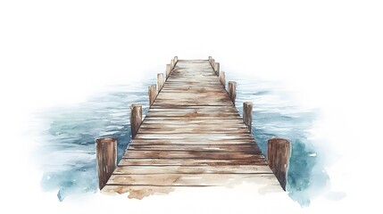Watercolor painting shows a wooden pier extending into the water