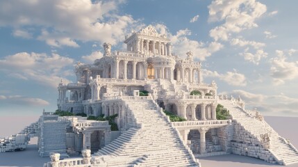 Fototapeta premium Grand Monumental Palace Surrounded by Imposing Steps and Clouds