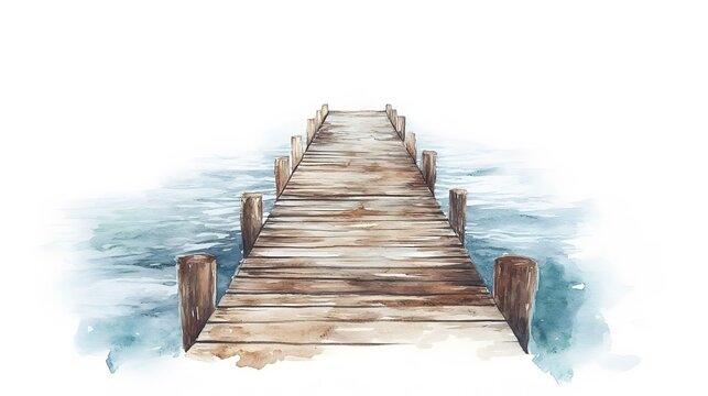 Fototapeta Watercolor painting shows a wooden pier extending into the water