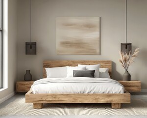 Cozy and Modern Bedroom Interior with Natural Wood Furniture and Soft Textures in Neutral Tones
