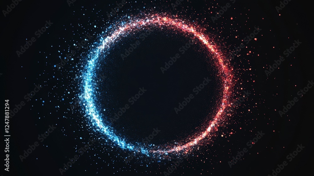 Poster colorful circular particle burst in blue and red on dark background