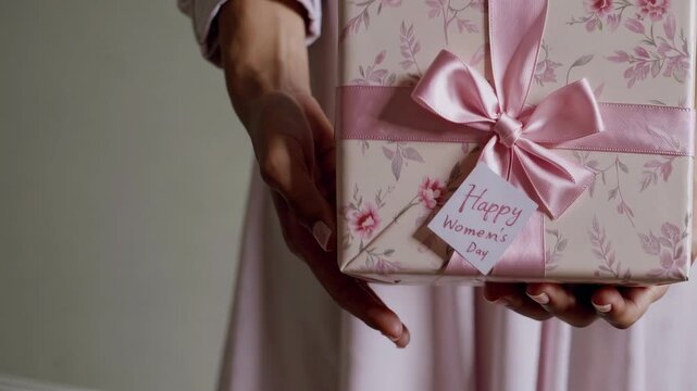 A woman presents a delicately wrapped gift adorned with floral patterns and a pink bow. The tag reads Happy Women's Day, emphasizing the importance of celebrating women's contributions and love.