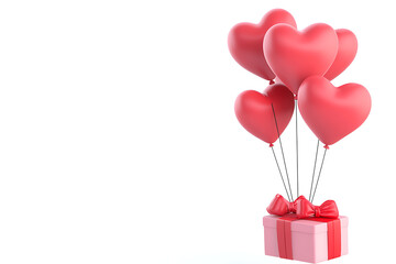 A pink gift box with red heart-shaped balloons, symbolizing love and celebration.