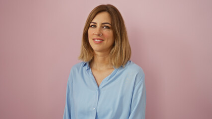 Fototapeta premium Woman smiling on isolated pink background wearing blue shirt young adult caucasian attractive blonde