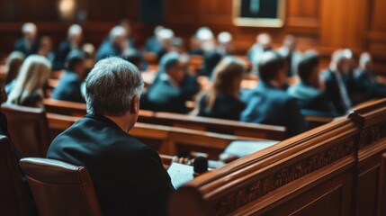 Fototapeta premium A courtroom with the judge reading out a judgment, people in attendance listening