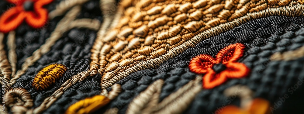 Poster intricate embroidery design with colorful threads and floral patterns on dark fabric background