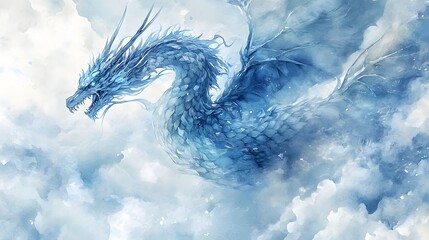 An artistic rendering of a blue dragon flying through clouds