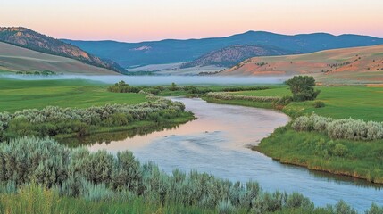 Fototapeta premium Picturesque Morning Landscape with River, Fog, and Mountain Views