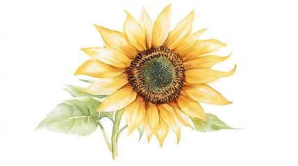 Obraz premium Watercolor painting displays a vibrant sunflower with green leaves