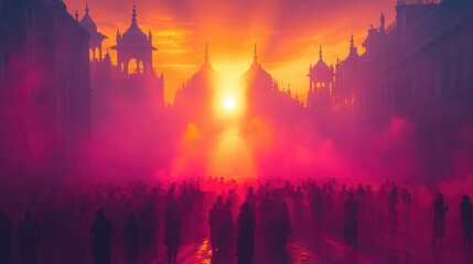 Fototapeta premium People gathering in the early morning light, preparing to celebrate Holi, with soft sunlight illuminating the colors of the powder.