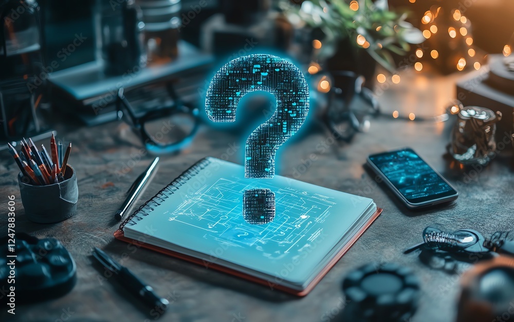 Poster hightech desk with holographic question marks above a notebook, smartphone, and pen, representing st