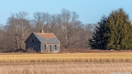 Weathered Homestead: An Abandoned House in a Golden Field with Blue Sky