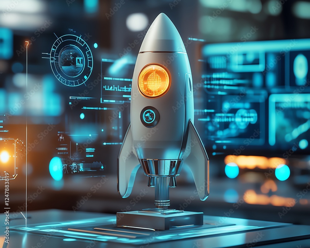 Poster holographic futuristic rocket on a modern office desk, surrounded by floating interactive screens, a
