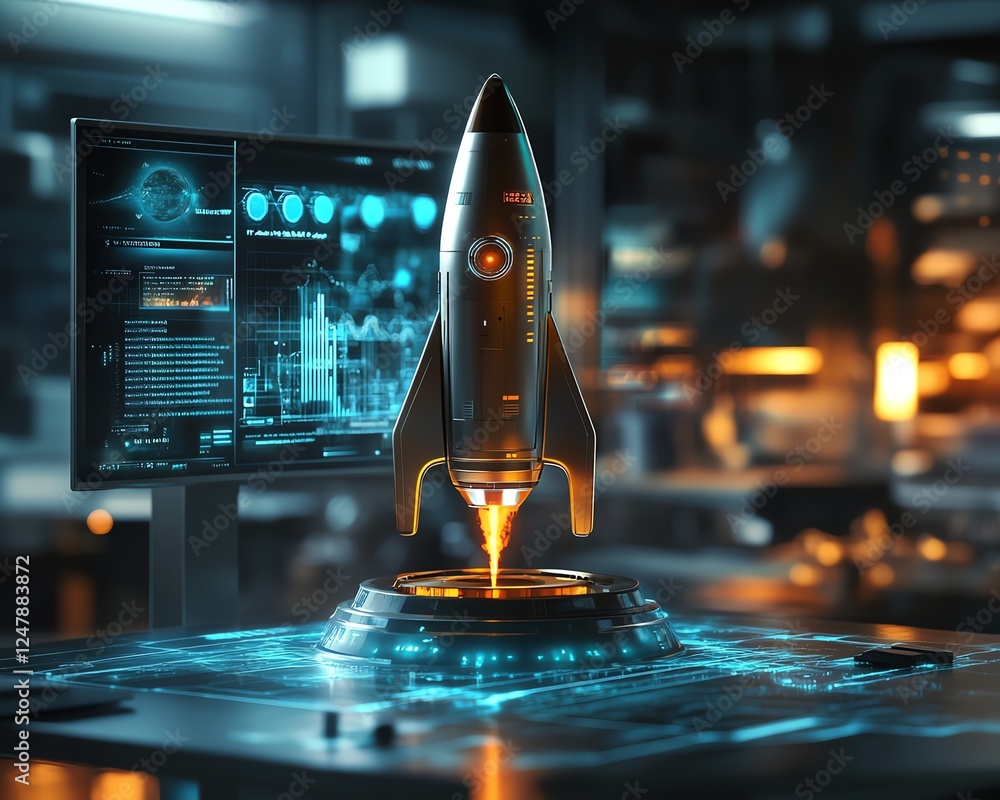 Poster holographic futuristic rocket on a modern office desk, surrounded by floating interactive screens, a