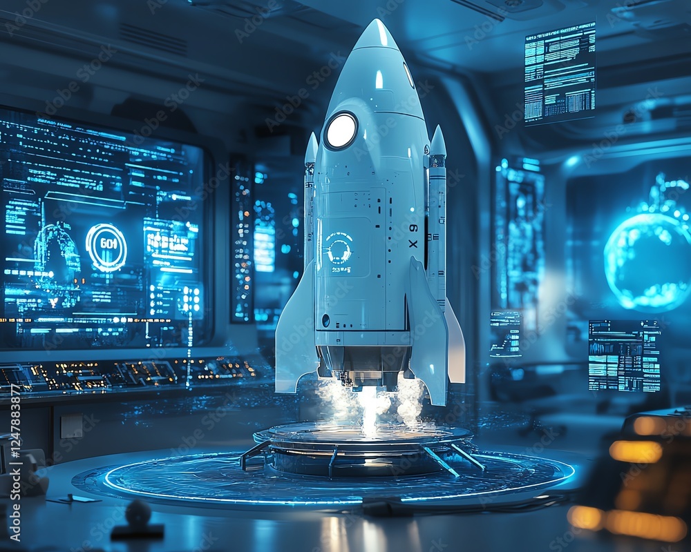 Poster holographic futuristic rocket on a modern office desk, surrounded by floating interactive screens, a