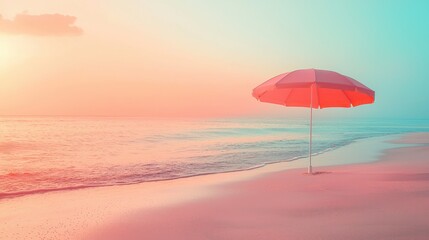 A serene beach scene featuring a pink umbrella on soft sand against a calming sea and pastel sky, evoking relaxation and tranquility.