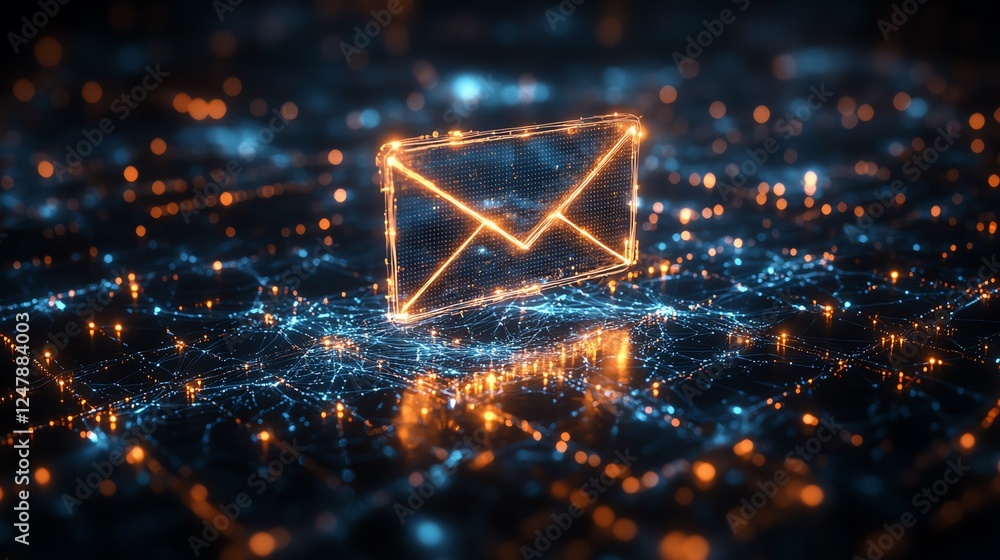 Fototapete 3D digital envelope icon with a holographic shine, placed above a network of interconnected nodes, representing secure data exchange and messaging in a hightech, dark setting