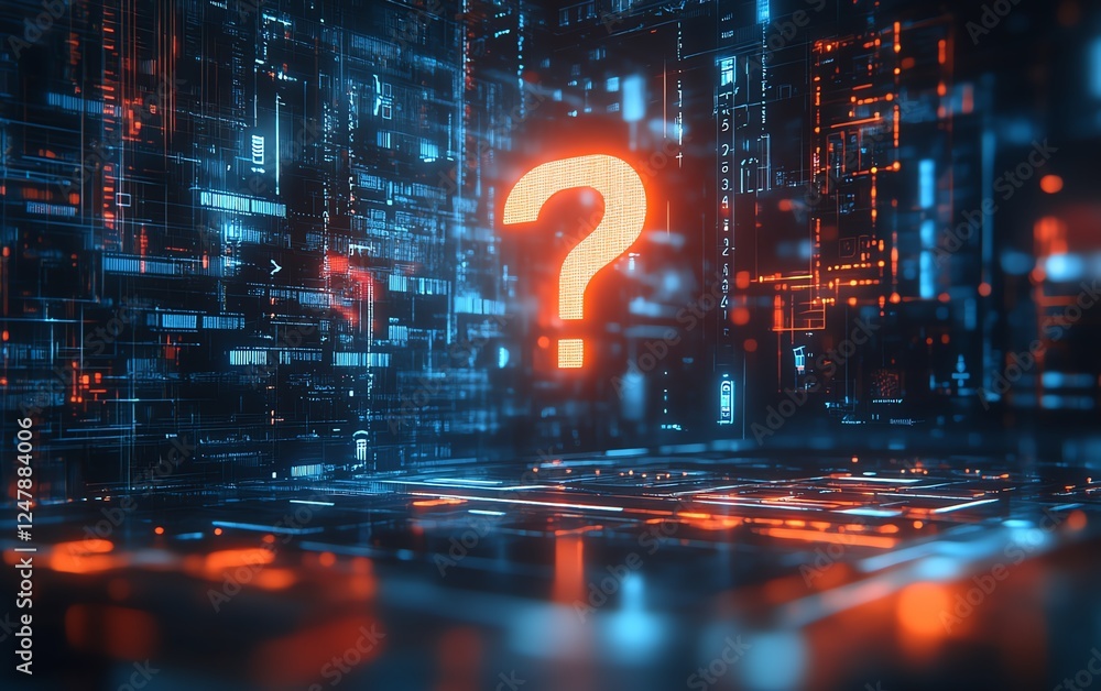 Poster sleek business workspace with floating question mark holograms on a techinspired background, highlig