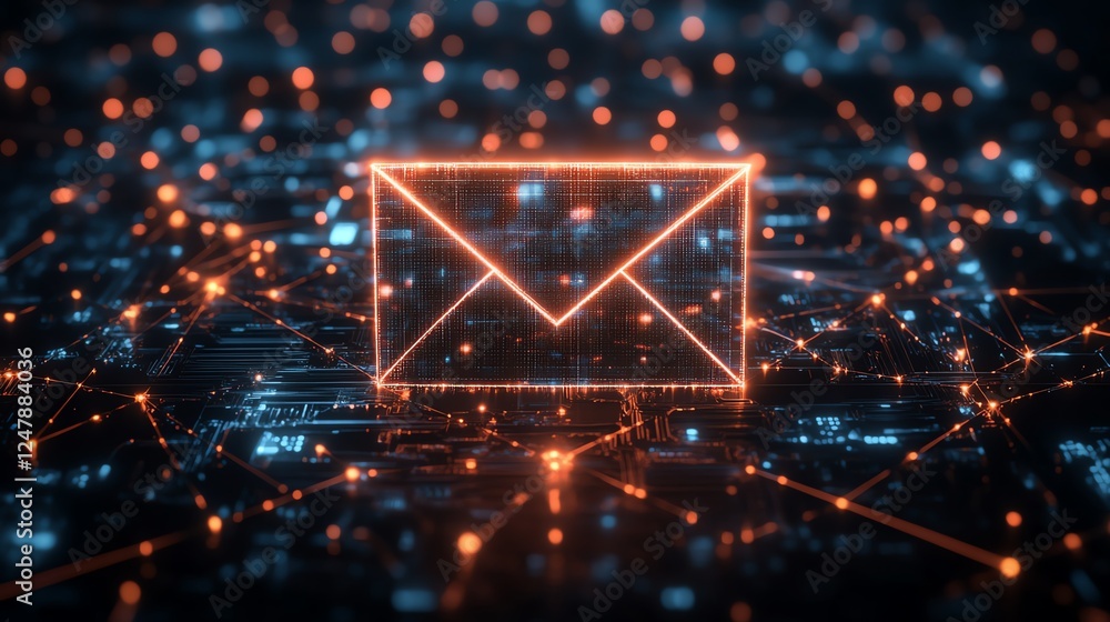 Leinwandbilder 3D digital envelope icon with a holographic shine, placed above a network of interconnected nodes, representing secure data exchange and messaging in a hightech, dark setting