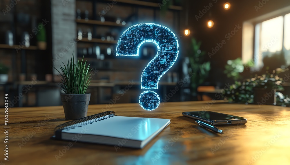 Aufkleber 3d holographic question marks floating over a desk with a notebook, smartphone, and pen, symbolizing