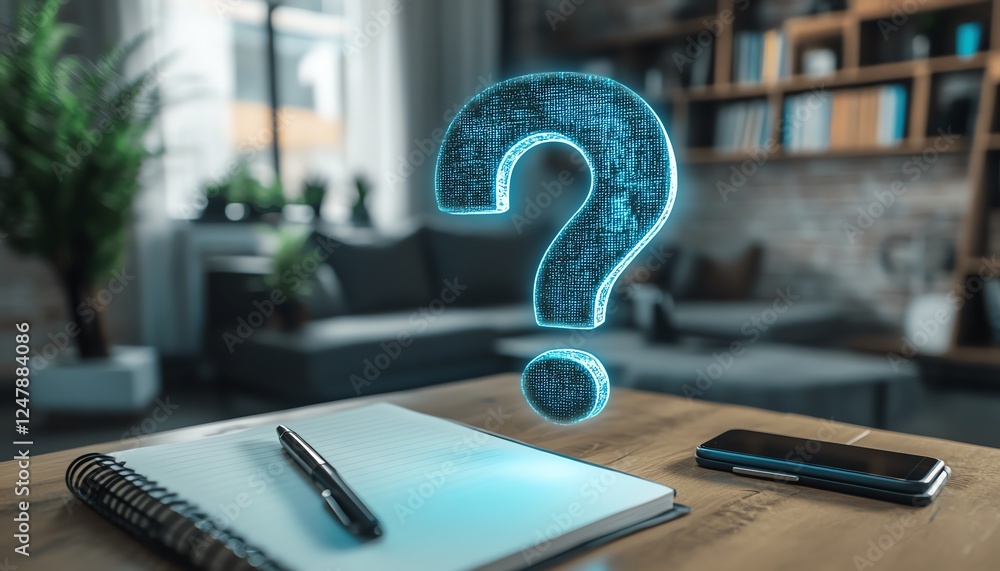 Aufkleber 3D holographic question marks floating over a desk with a notebook, smartphone, and pen, symbolizing creative planning, innovation, and technologydriven solutions
