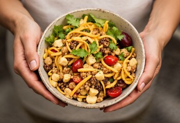 closeup hands holding food bowl