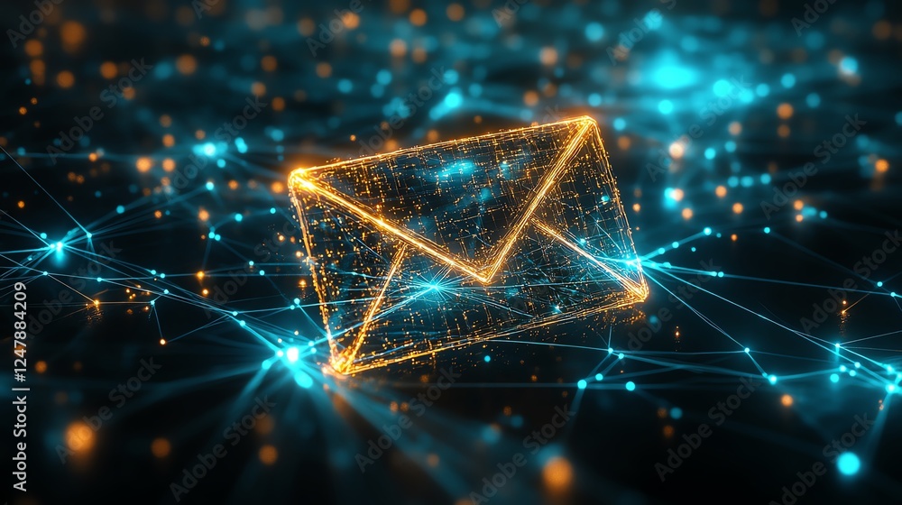 Poster 3d rendered glowing digital envelope icon with holographic effects, hovering over a complex network 