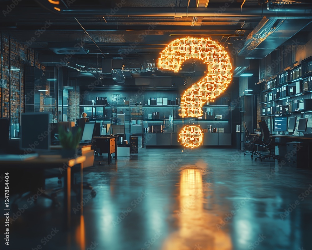 Poster business office with technology background featuring floating question mark holograms, symbolizing i