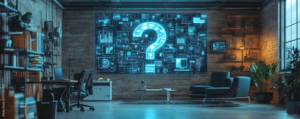 Poster Business office with futuristic question mark holograms displayed over advanced technology elements, representing innovation and digital problemsolving in a modern workspace