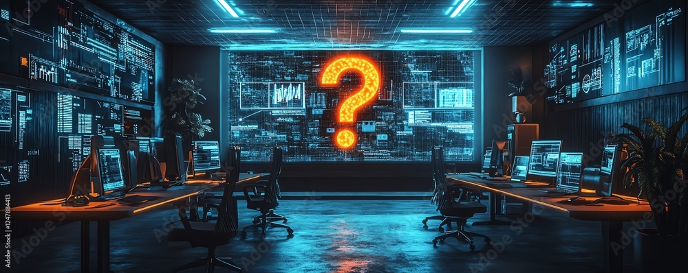 Poster Business office with futuristic question mark holograms displayed over advanced technology elements, representing innovation and digital problemsolving in a modern workspace
