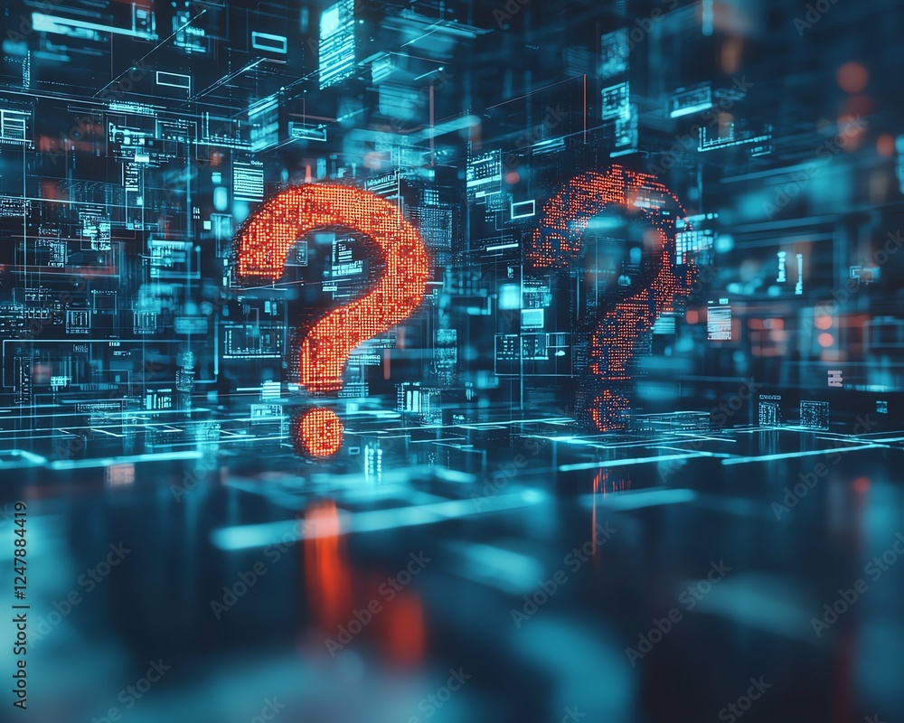Poster business office with technology background featuring floating question mark holograms, symbolizing i