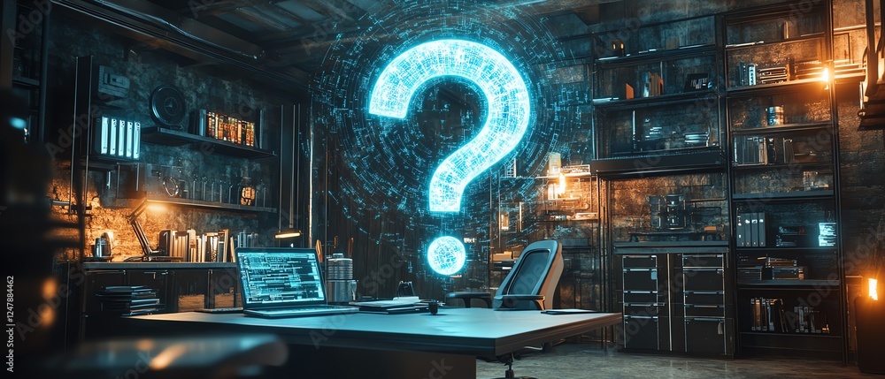 Poster business workspace with futuristic question mark holograms floating above a sleek desk