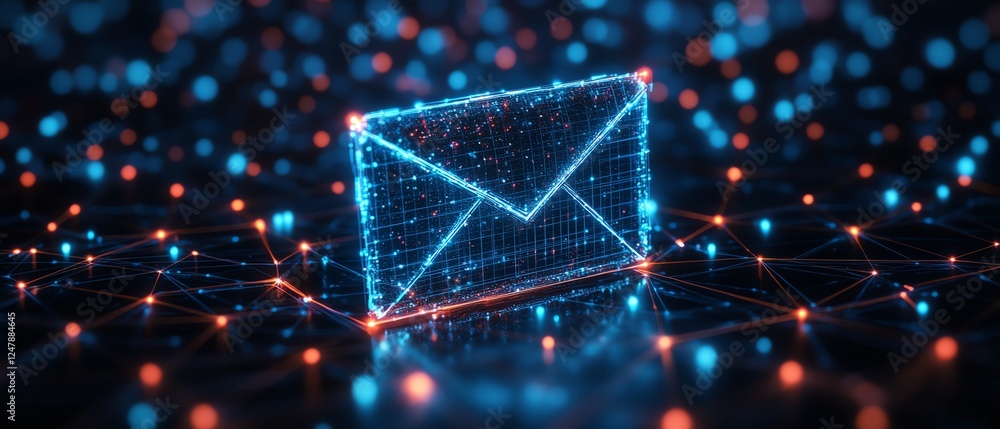 Aufkleber futuristic 3d digital envelope icon with holographic glow, set against a dark network of connected n