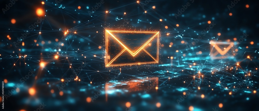 Aufkleber futuristic 3d digital envelope icon with holographic glow, set against a dark network of connected n
