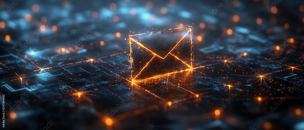 Poster futuristic digital envelope icon with a holographic glow, placed over a dark networked background wi