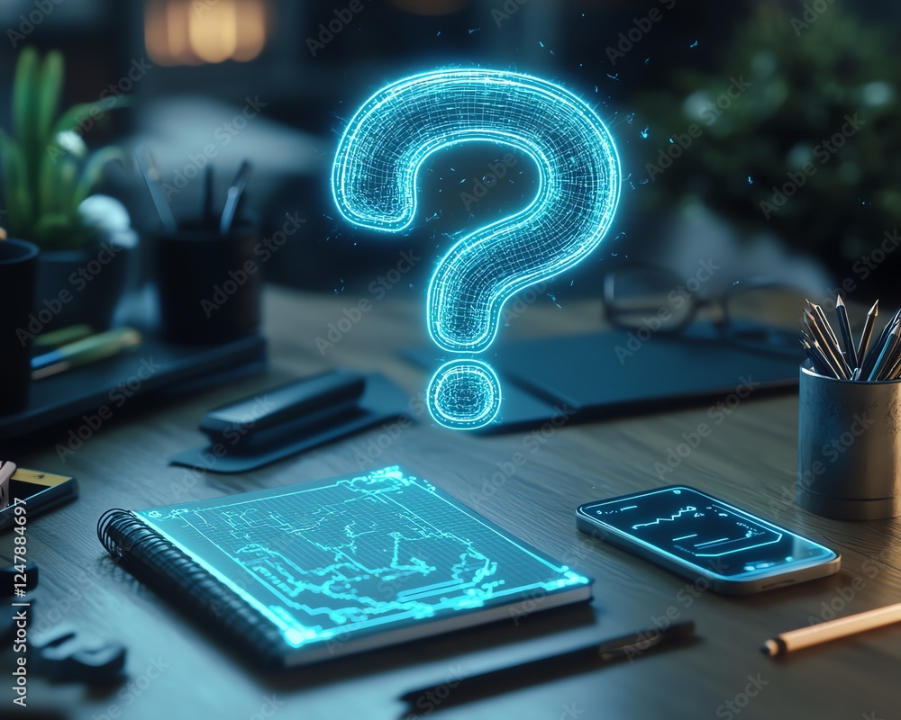 Poster Futuristic desk setup with holographic question marks above a notebook, smartphone, and pen, representing digital solutions and innovation, sleek 3D rendering