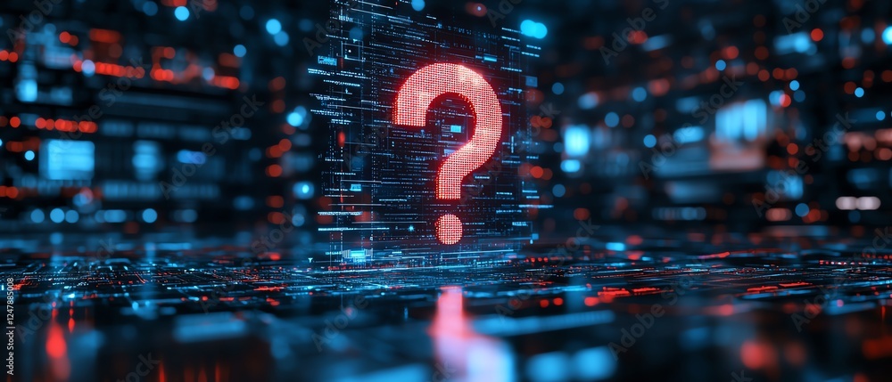 Poster Hightech business workspace featuring floating question mark holograms on a digital background, symbolizing business challenges, solutions, and modern technology integration