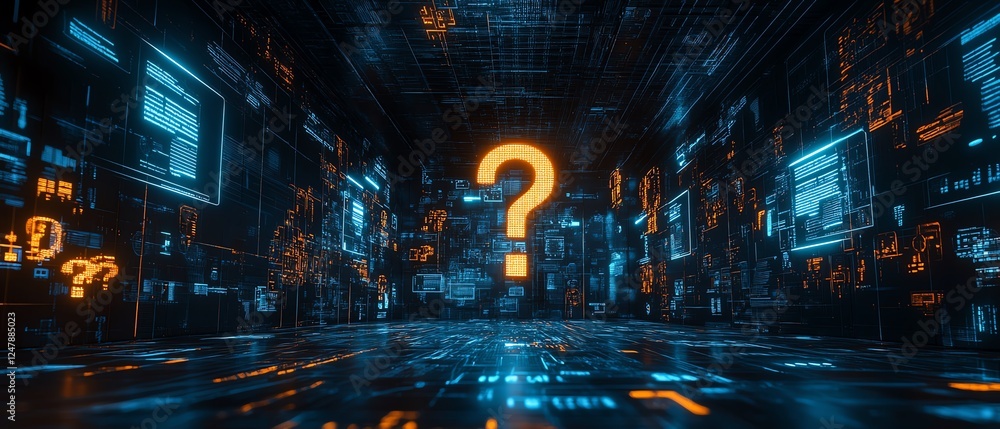 Poster hightech business workspace featuring floating question mark holograms on a digital background, symb
