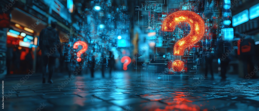 Poster Hightech business workspace featuring floating question mark holograms on a digital background, symbolizing business challenges, solutions, and modern technology integration